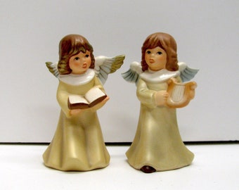 2 Vintage Goebel Angels with Wings - Gold Angels - Porcelain Christmas Angels - Angel with Book & Harp - Goebel Weihnacht 41-003 and 41-004