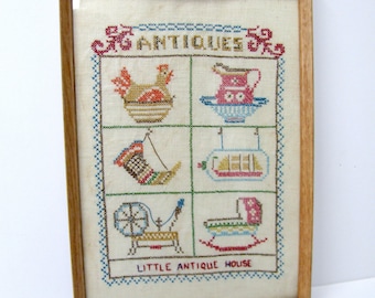 Vintage Sampler - Antiques - Little Antique House Framed Sampler - Needlepoint Ship in a Bottle