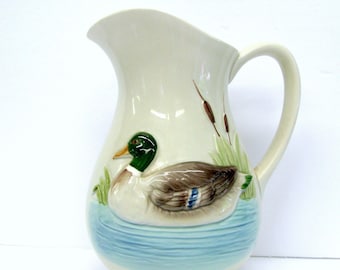 Vintage Otagiri Mallard Duck Pitcher - Ceramic Jug - Water Picher - Duck Kitchen Decor - Duck Dishes - Otagiri 1982 1980s Japan - Bullrushes