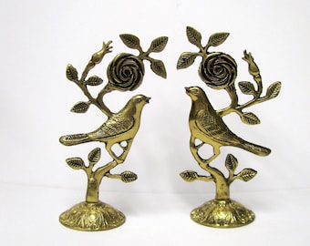 2 Vintage Brass Bird and Rose Figurines - Pair of Brass Bird Sculptures - Brass Flower & Leaves - Two Brass Bird Flower - Hollywood Regency