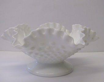 Vintage Hobnail Pedestal Bowl - White Milkglass Pedestal Bowl with Scalloped Edge - 1960s - Fenton Style Hobnail Milk Glass Bowl with Frill