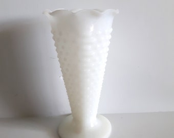 Vintage Hobnail Milk Glass Vase - Large White Milkglass Trumpet Pedestal Flower Vase - 1960s - Fenton Style Hobnail Milk Glass with Frill