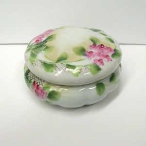Vintage Floral Vanity Jar with Lid - Porcelain Lidded Trinket Box with Pink and Green Flowers - Handpainted Ceramic Box with Lid 1910s 1920s