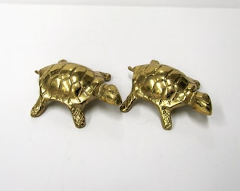 2 Vintage Brass Turtles - Pair of Small Brass Turtles - 3.5" long - two small brass turtle paperweights - 2 brass turtle figurines