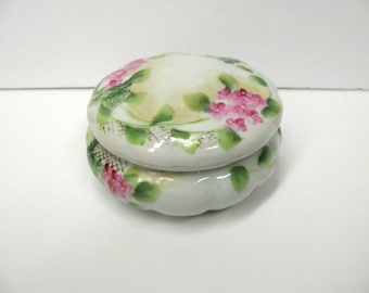 Vintage Floral Vanity Jar with Lid - Porcelain Lidded Trinket Box with Pink and Green Flowers - Handpainted Ceramic Box with Lid 1910s 1920s