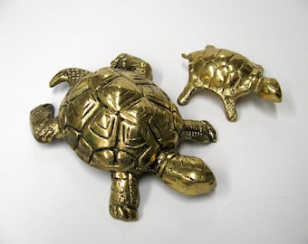 2 Vintage Brass Turtles - Large (6" long) & Small (3.5" long) Brass Turtle Pair - Two brass turtle paperweights - Mother and baby turtle