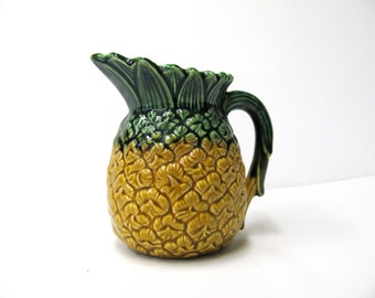Vintage Pinapple Pitcher - Small Yellow and Green Ceramic Pitcher in Pineapple Shape - Hawaii Pineapple 1960s