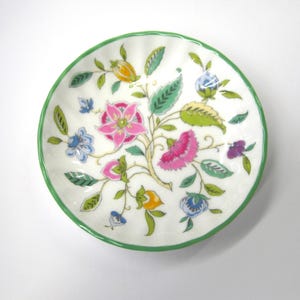 Vintage Minton Haddon Hall Small Dish - Green Rim - Pink & Blue Floral with Green Trim Edge - Minton Bone China Small Ring Trinket Dish