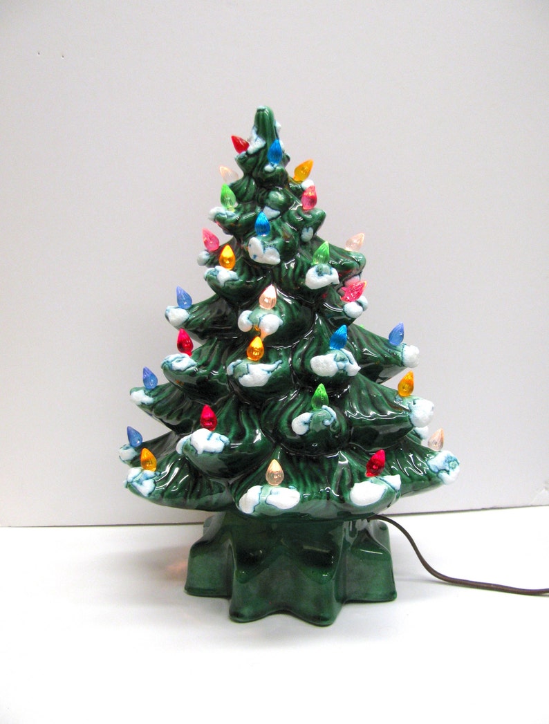 Vintage Ceramic Christmas Tree 14 Dark Green With Multicolored Plastic