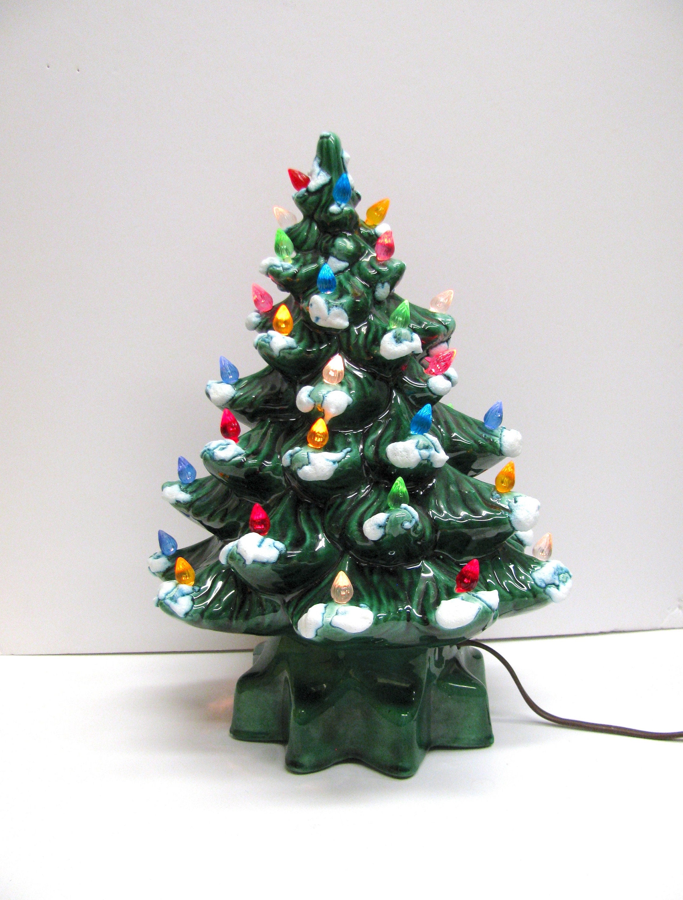 Vintage Ceramic Christmas Tree 14 Dark Green With Multicolored Plastic