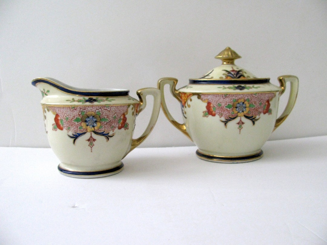 Vintage Noritake Cream & Sugar Blue and Gold Ceramic Creamer and Sugar Bowl Set 1930s Noritake