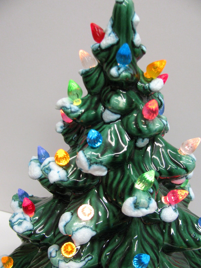 Vintage Ceramic Christmas Tree 14 Dark Green With Multicolored Plastic