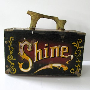 Vintage Shoe Shine Box - 5 Cent Shoe Shine - Vaudeville Carnival Prop - Burgundy & Black with Yellow Lettering - Vintage Circus Decor 1970s