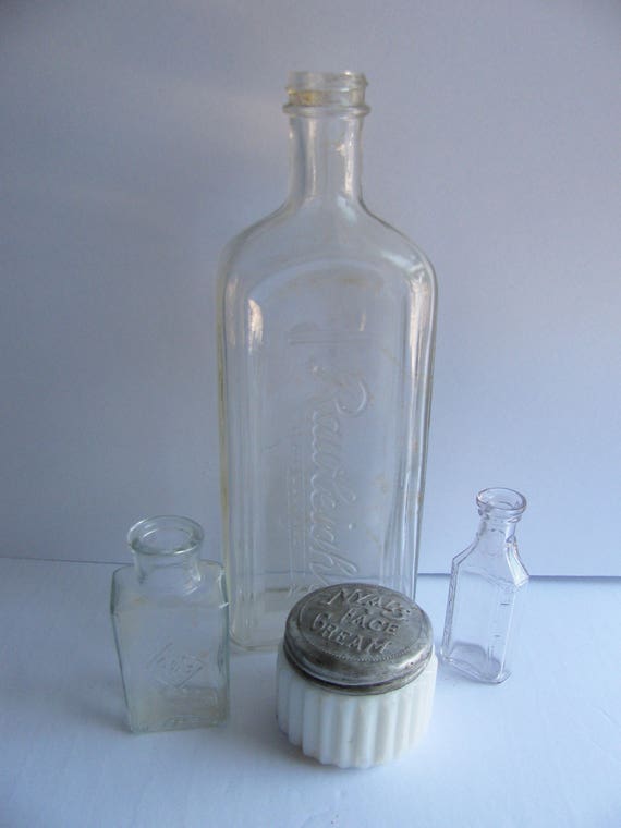 4 Vintage Glass Bottles: Rawleigh's 1950 1960s Milk Glass Cosmetic Jars