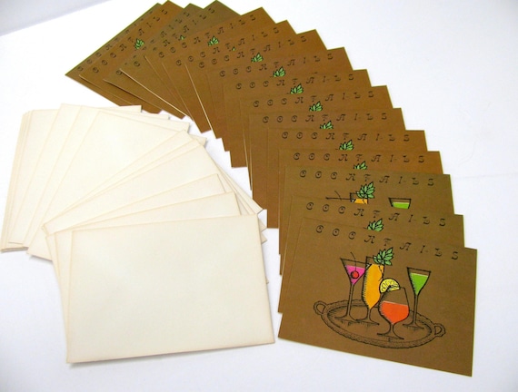 12 Vintage Cocktail Invitations - Brown & Colorful Martini Cocktail Party Cards - Yellow, Orange, Cherry - Retro Party Invites 1950s 1960s