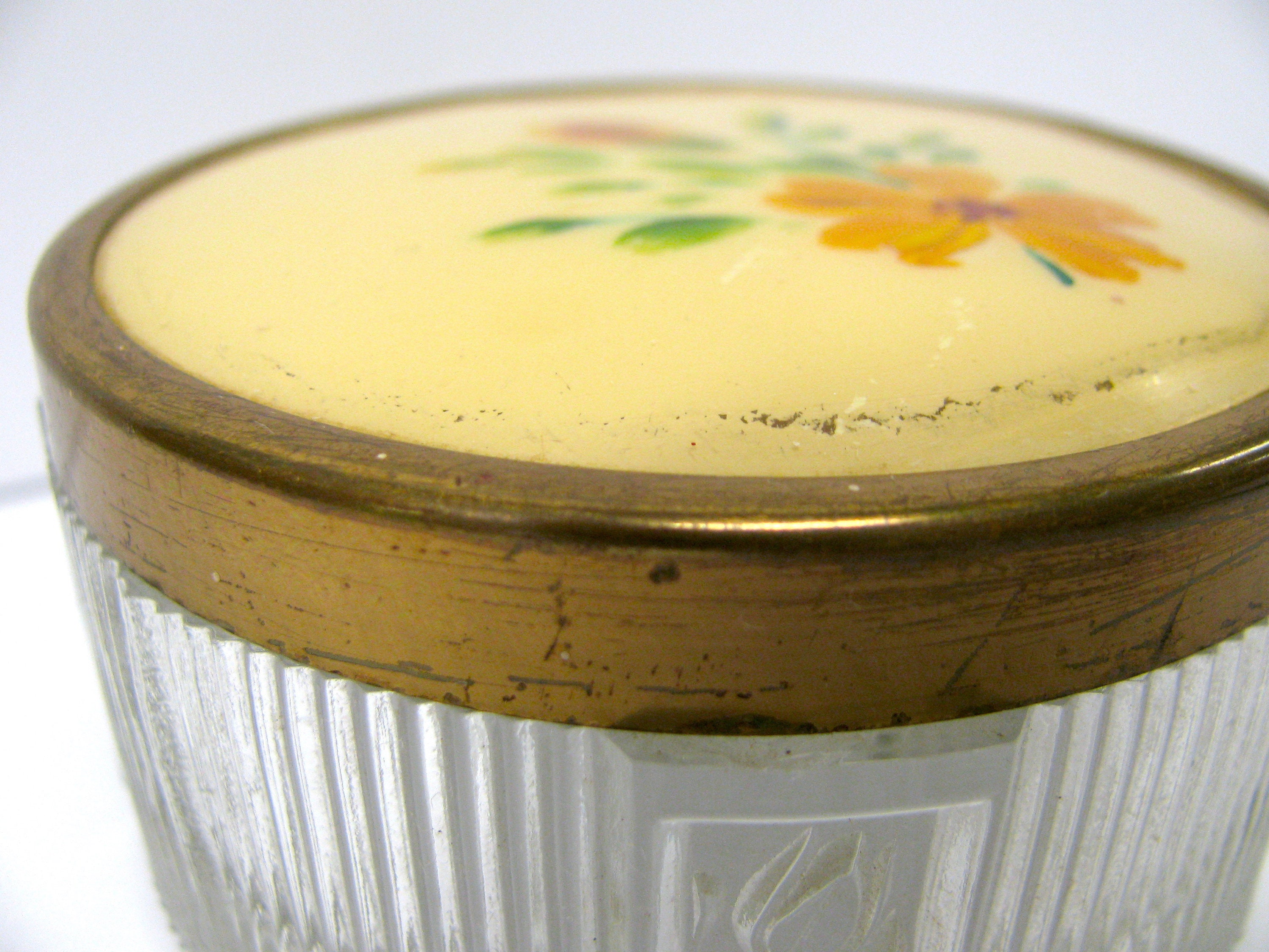 Vintage Vanity Jar Art Deco Glass Vanity Jar With Flower Lid Makeup Powder Jar Boudoir Decor