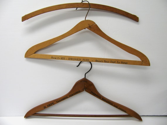 3 Vintage Wooden Hangers Wood Advertising Hangers for Dry Cleaners &  Furriers N. Pett Tailoring Drycleaner Dwonkin Furs Ottawa Canada 