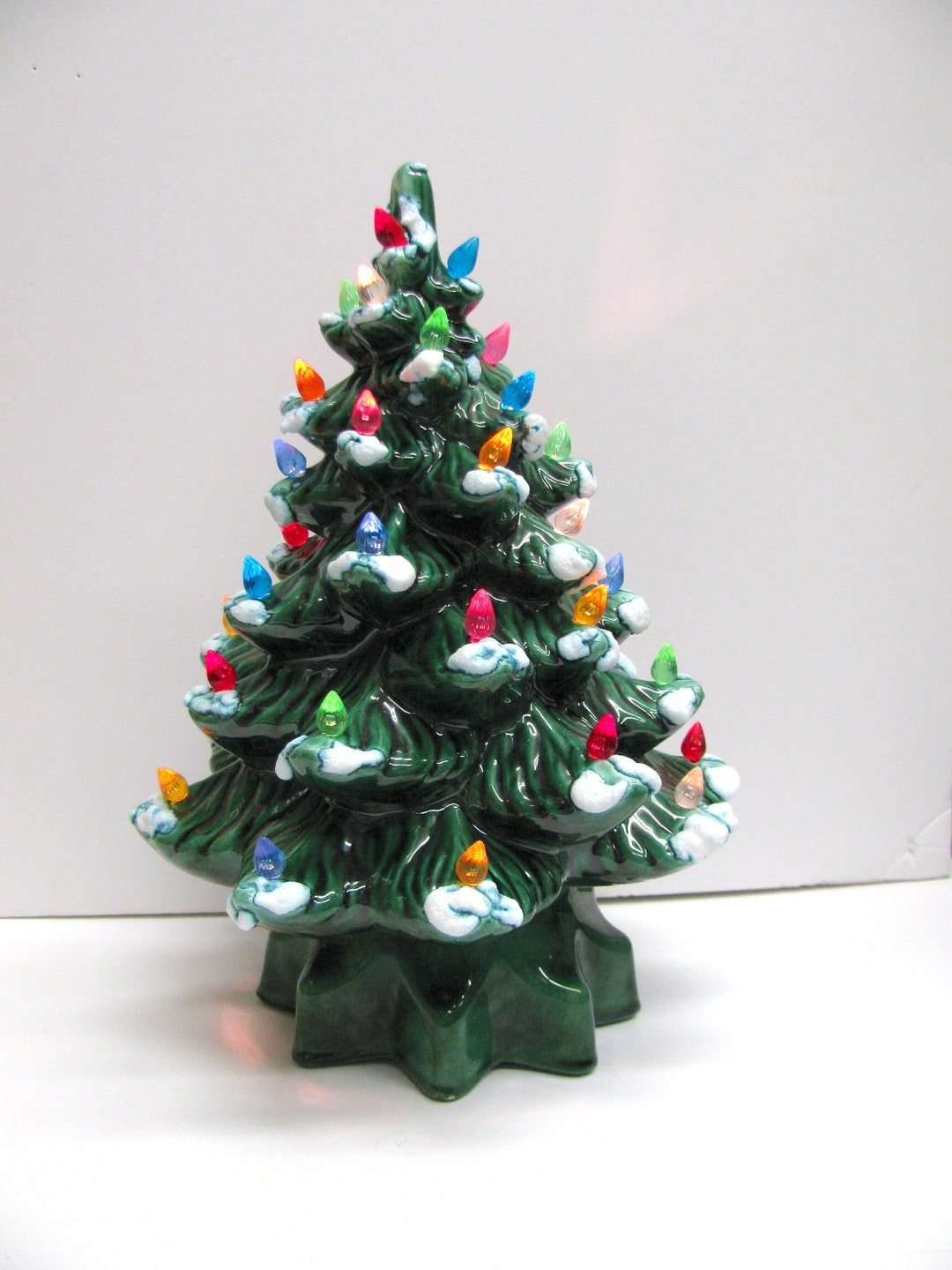Vintage Ceramic Christmas Tree 14 Dark Green With Multicolored Plastic