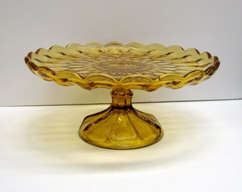 Vintage 10" Amber Glass Cake Stand - Fairfield by Anchor Hocking - Brown Pedestal Glass Cake Stand, Yellow Orange Dessert Cake Stand - 1970s