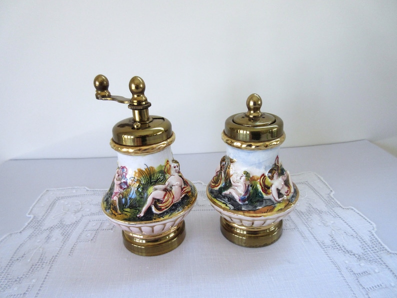 Vintage Capodimonte Salt and Pepper Shaker Grinder with Gold Tone Finishes