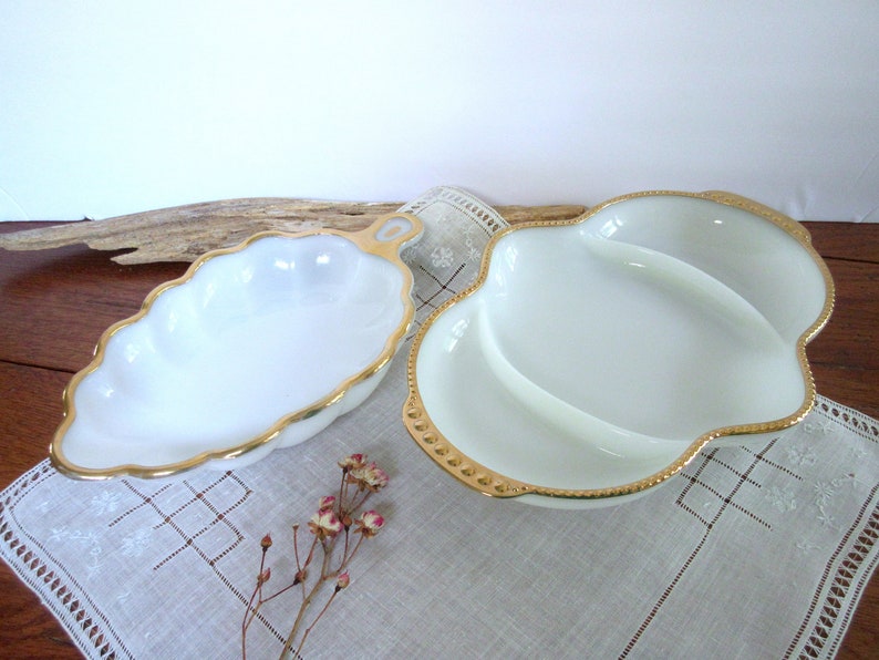 Fire-King Oven Ware Serving Dish White Transferware Serving Dish Oval Vegetable Bowl set of 2.
