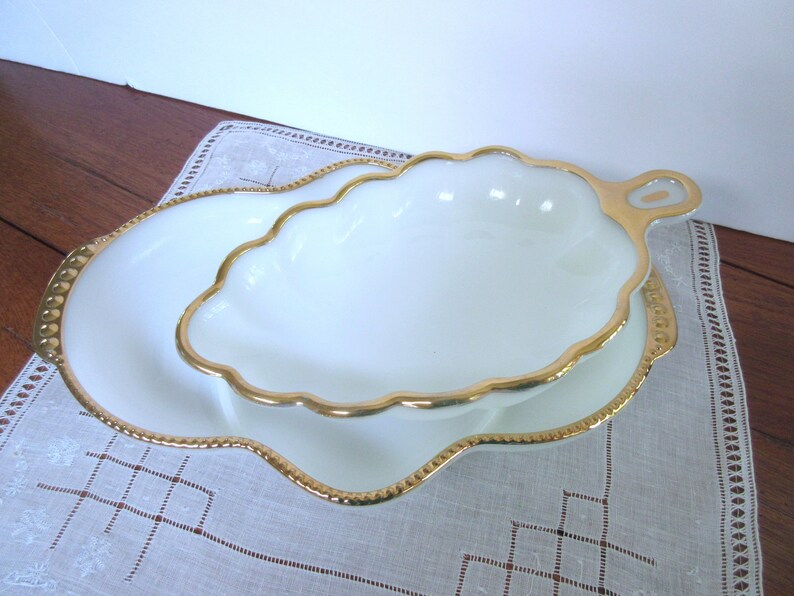 Fire-King Oven Ware Serving Dish White Transferware Serving Dish Oval Vegetable Bowl set of 2.