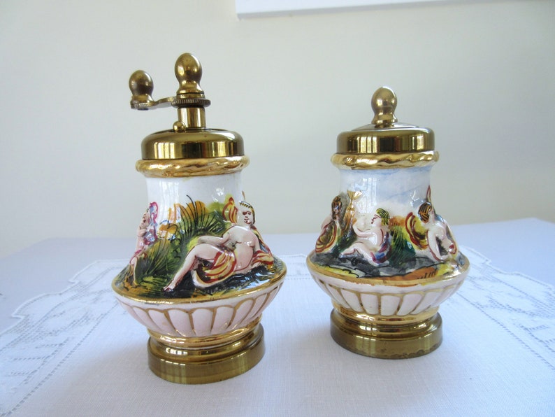 Vintage Capodimonte Salt and Pepper Shaker Grinder with Gold Tone Finishes