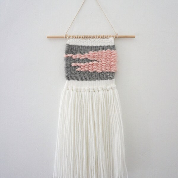 Simple Handwoven White Grey and Pink Wall Weaving Hanging