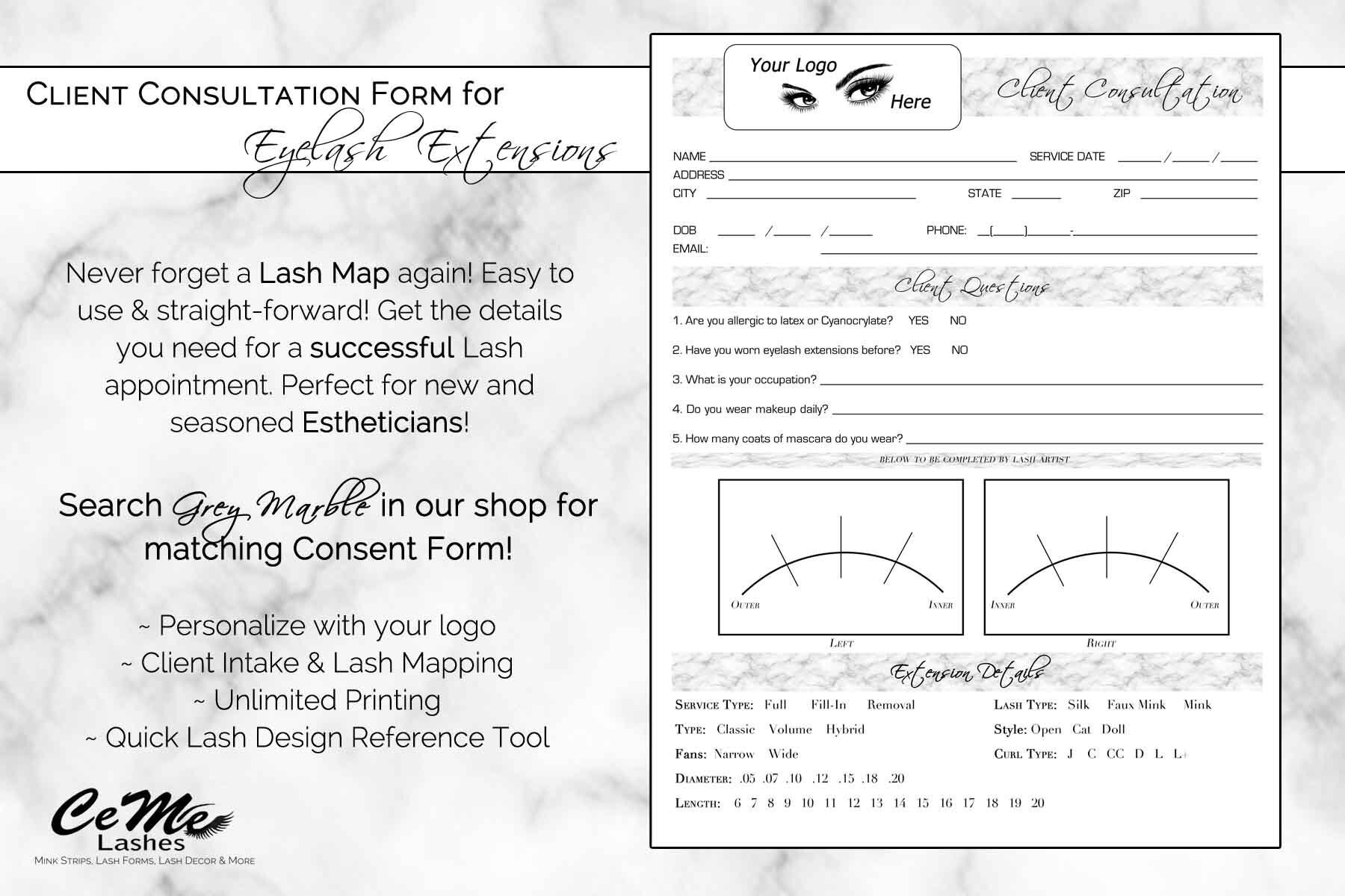 Printable Eyelash Extension CLIENT PROFILE SHEET Grey Marble Etsy 