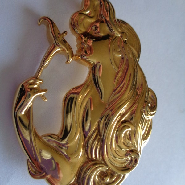 Vintage Signed LR Lady Remington Goldtone Metal Art Nouveau Lady  Brooch/Pin