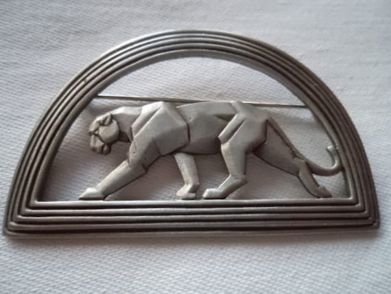 Vintage Signed JJ  Silver pewter Art Deco Cougar … - image 1