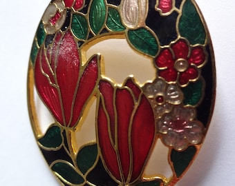 Fabulous Vintage Signed Sea Gems Flowers Cloisonne Brooch/Pin