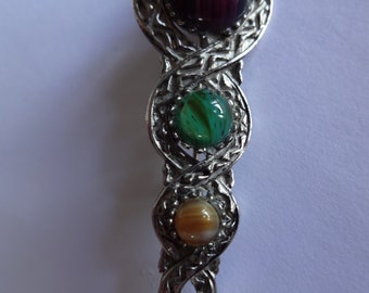 Vintage Signed Miracle Silvertone Tri Coloured Stones Celtic  Brooch/Pin