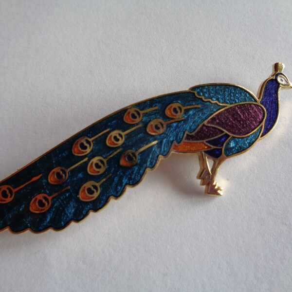 Fabelhafte Vintage Signierte Fisch Cloisonne Pfau Brosche/Anstecknadel