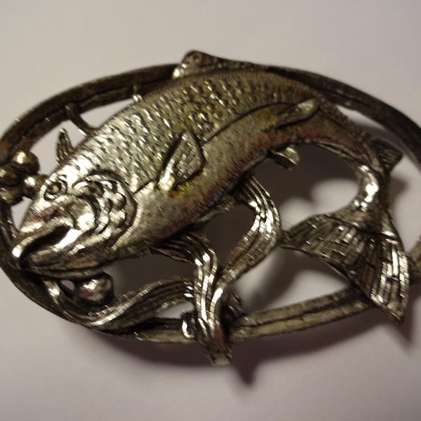 Vintage Signed Miracle Silvertone Leaping Salmon  Brooch/Pin