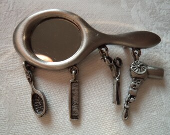 Vintage Signed JJ Silver pewter  Mirror Dangler Brooch/Pin