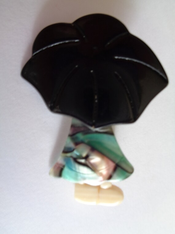 Broche Parapluie Vintage Signée Léa Stein - Rhodoid Marron, Légèrement Incurvée, France