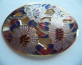 Vintage Unsigned Goldtone/Multi Coloured Flowers Oval  Brooch/Pin