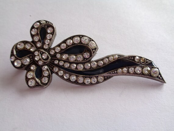 Vintage Signed Catherine Popesco Black clear Rhinestone Ribbon