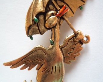 Broche/épingle vintage canard parapluie en métal doré non signée