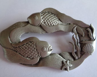 Vintage Signed JJ  Silver pewter Swimming Fish Brooch/Pin  Rare