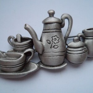 Vintage Signed JJ Silver pewter Tea for Two Brooch/Pin