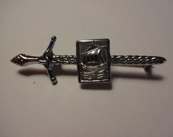 Vintage Signed Mizpah Silvertone Viking Ship Sword Brooch/Pin