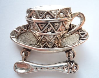 Vintage Signed Danecraft Silver pewter Cup, Saucer and Spoon Dangler Brooch/Pin