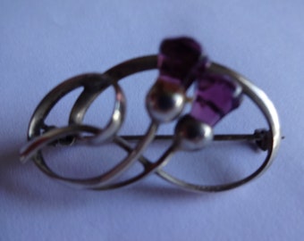 Small Sterling Silver/Amethyst Double Thistles Brooch/Pin