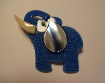 Vintage Signed Lea Stein Small Blue Trunk Up Elephant Brooch/Pin