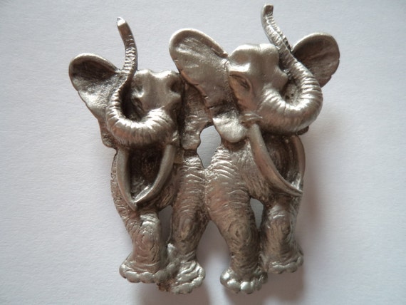 Vintage Signed JJ Silver pewter Wild Elephants Br… - image 1