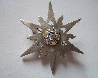 Vintage Signed JJ Silver pewter/AB Stones Star Brooch/Pin