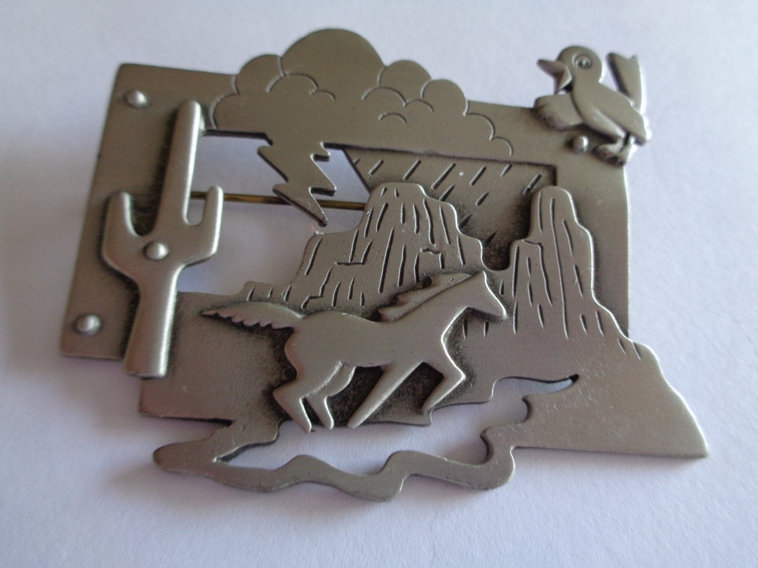 Broche Vintage Cheval En Alliage (Pewter) - Style Sud-Ouest Américain/Mayan - 4.4 X 5.5 Cm - JJ 1988