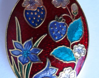Vintage Signed  Sea Gems Cloisonne Flowers and Strawberries  Brooch/Pin   Red Background